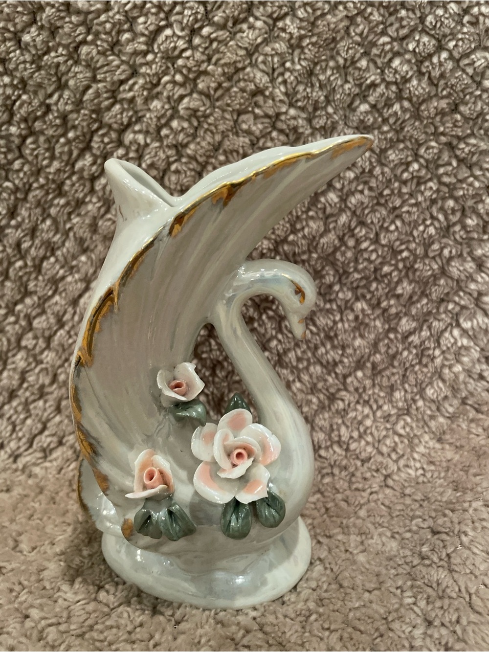 Porcelain Swan Vase with Pink Rose Accents